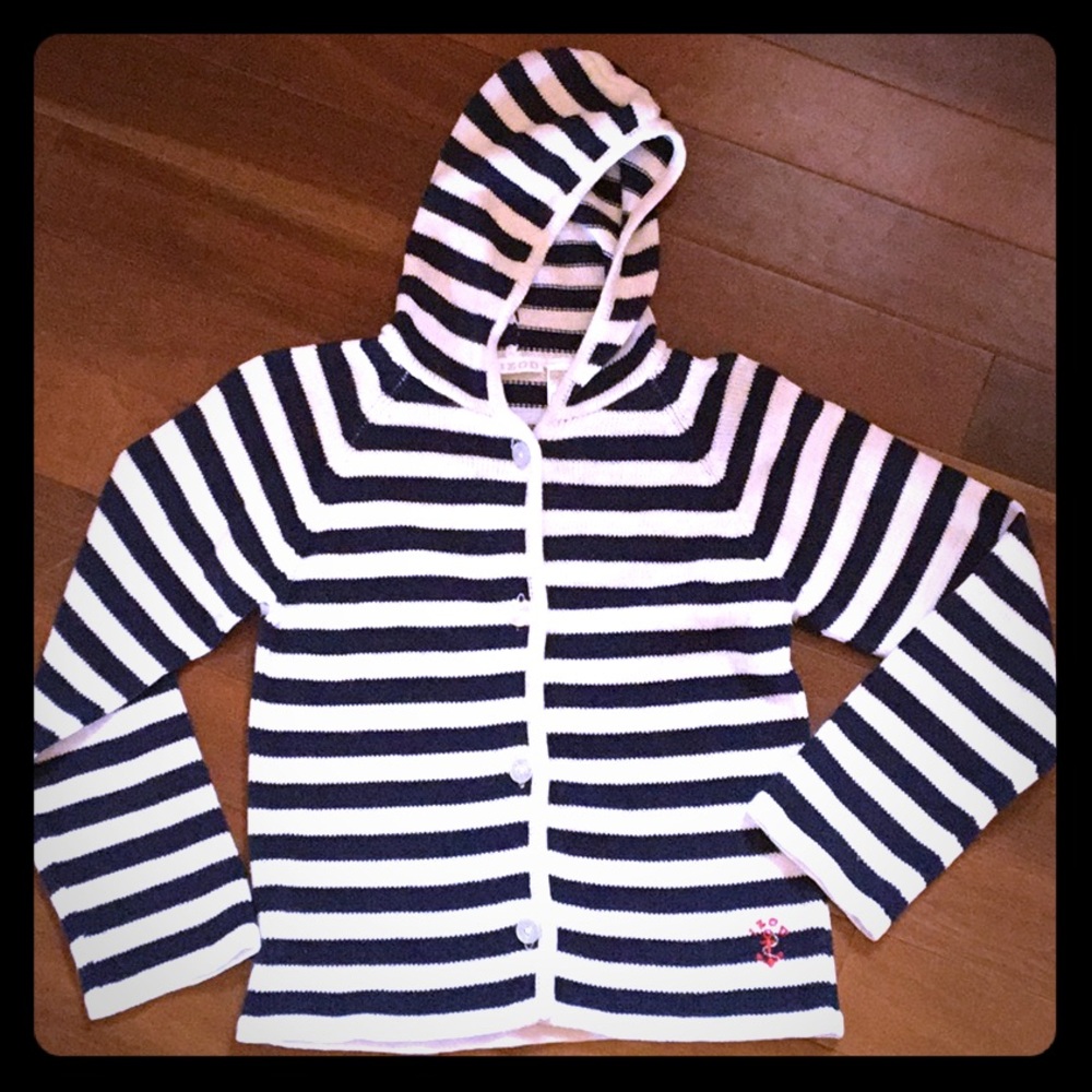 Navy & White Striped Hooded Izod Buttoned Sweater